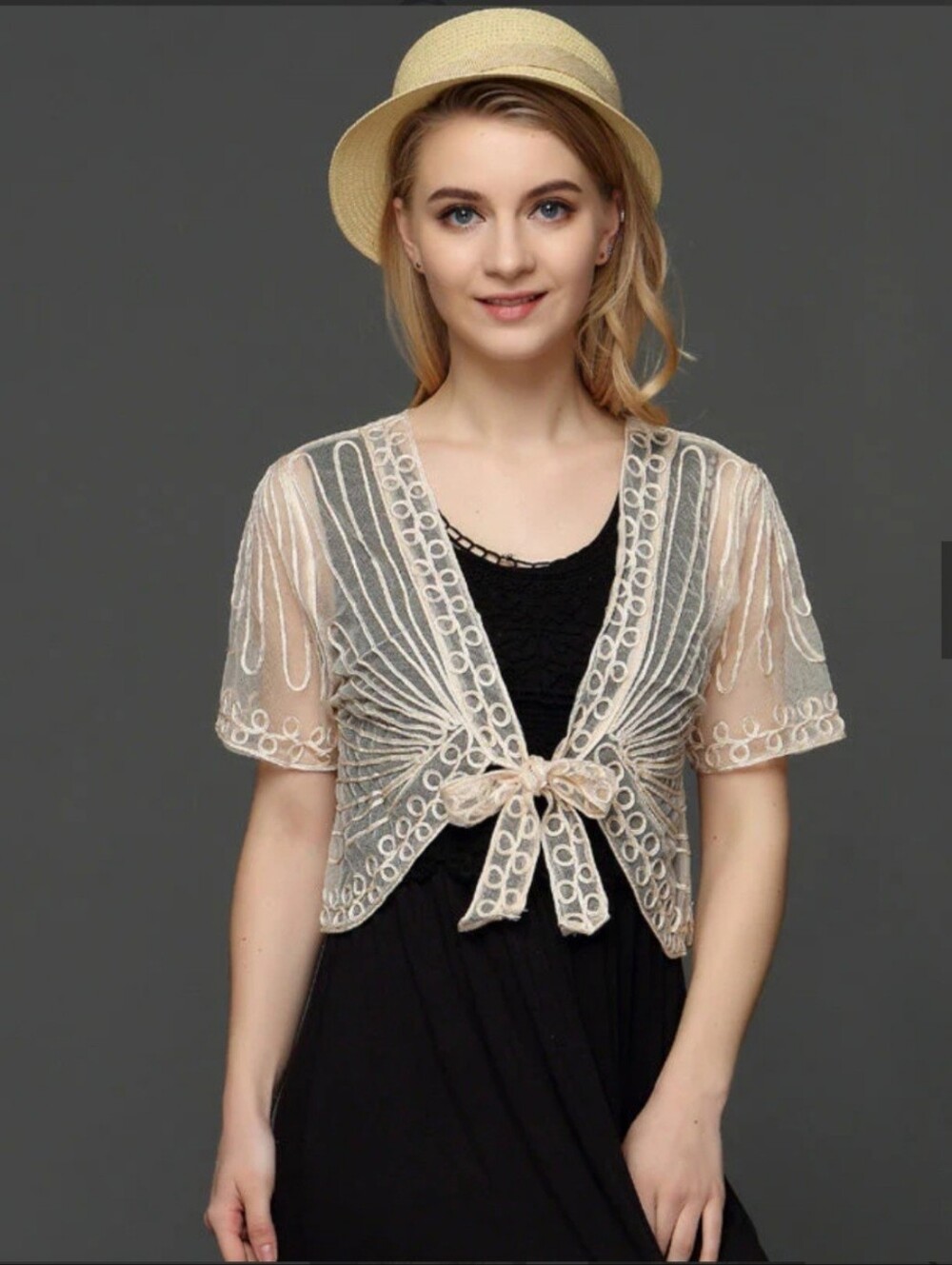 Sheer Lace Tie-Front Bolero in Cream